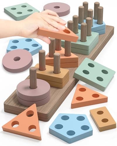 kecristv Montessori Toys for 1 2 Year Old Girl and Boy Birthday Gifts, Shape Sorter Wooden Toys for Toddlers Age 1-3 2-4, Learning Educational Sensory Stacking Toddler Puzzles - Image 1