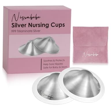 Nisxabebe The Original Silver Nursing Cups-Nipple Shields for Breastfeeding Newborn-Breast Feeding Essentials Must Haves-Nipple Covers to Protect Nursing Nipples,Trilaminate 999 Silver,Regular Size - Image 1