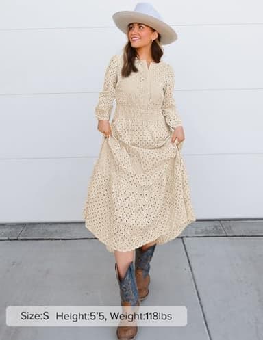 ZESICA Women's 2025 Fall Long Sleeve Maxi Dress V Neck Hollow Out Eyelet A Line Long Flowy Casual Party Dresses Apricot Medium - Image 6