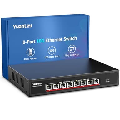 YuanLey 8-Port 10G Ethernet Switch, 8 x 10Gbps RJ45 Ports, Support 10G/5G/2.5G/1G/100Mbps Speed Auto-Negotiation, 160Gbps Switching Capacity, Unmanaged Switch Rackmountable, Plug and Play - Image 1