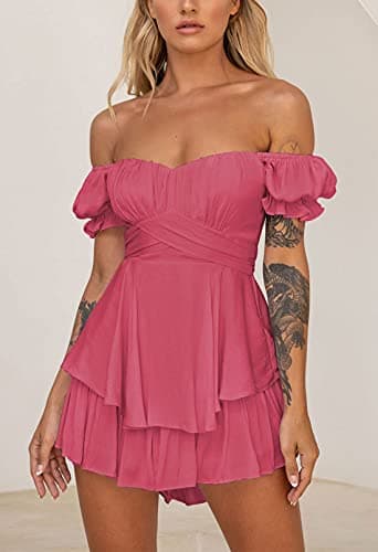 Fixmatti Lady Strapless Jumpsuit Shorts Off The Shoulder Ruffle Chiffon Romper Casual Summer One Piece Outfits Rose Red XL - Image 2