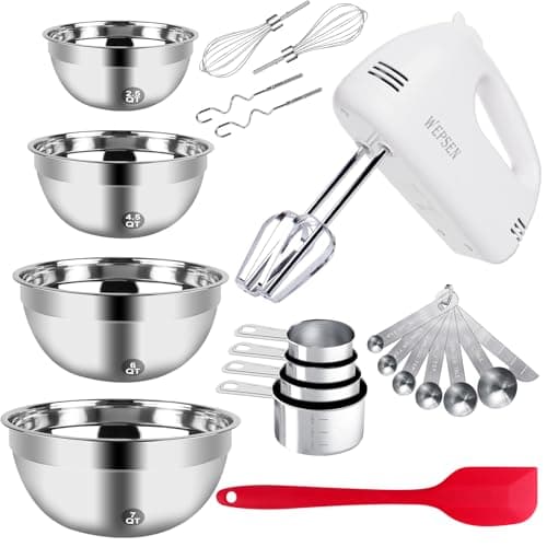 5-Speed Electric Hand Mixer, 4 Large Mixing Bowls Set, Handheld Mixers with Whisks Beater, Stainless Steel Metal Nesting Bowl Measuring Cups Spoons Kitchen Cake Blender for Baking Supplies - Image 1