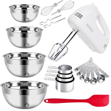 5-Speed Electric Hand Mixer, 4 Large Mixing Bowls Set, Handheld Mixers with Whisks Beater, Stainless Steel Metal Nesting Bowl Measuring Cups Spoons Kitchen Cake Blender for Baking Supplies - Image 1