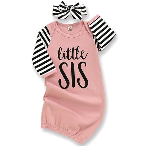 AMAWMW Newborn Baby Girl Little Sister Sleeper Gown Stripe Long Sleeve Nightgown Pajamas Gifts Stuff Essential Outfit - Image 1