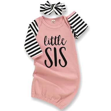 AMAWMW Newborn Baby Girl Little Sister Sleeper Gown Stripe Long Sleeve Nightgown Pajamas Gifts Stuff Essential Outfit - Image 1
