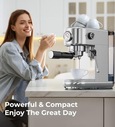 Espresso Machine with Milk Frother, 20 Bar High Pressure Professional Espresso Maker Automatic, Compact Stainless Steel Coffee Machine for Cappuccino, Latte, Gift for Coffee Lover, Dad or Mom, Silver - Image 8