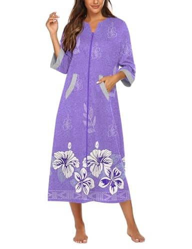 Ekouaer Robe for Women Zipper Robe 3/4 Sleeves Loungewear Full Length Sleepwear Pocket Housecoat Nightgown Long Bathrobe - Image 3