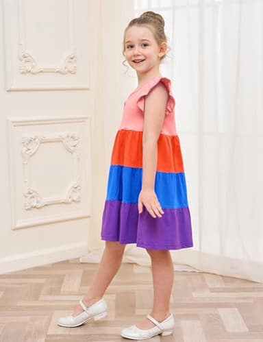 Toddler Girl Dress Summer Cotton Ruffle Short Sleeve Tiered Swing Twirly Casual Sundress Dresses for Girls Clothes Clothing with Pockets Red Color Block 4t - Image 4