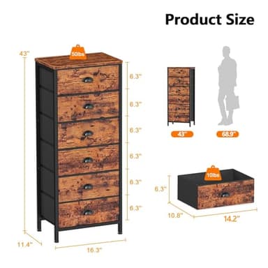 Furnulem Tall Dresser with 6 Drawers,Vertical End Table and Nightstand for Bedroom,Industrial Dorm Bedside Furniture with Fabric Storage Drawer Organizer in Living Room,Closet,Entryway(Rustic Brown) - Image 4