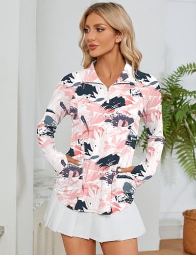 LOMON Women Long Sleeve Shirts Sun Protection 1/4 Zip Summer Quick Dry Hiking Shirts Quarter Zip Pullover Pink Leaves L - Image 5