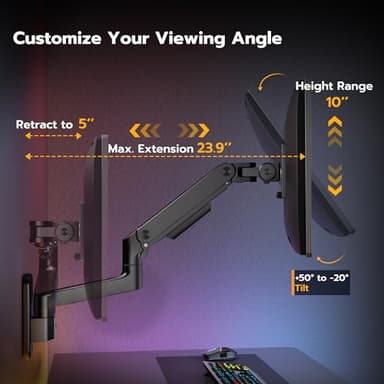 ARES WING Wall Mount Monitor Arm for 17-49 Inch Ultrawide Screens, Heavy Duty Single Monitor Mount Holds 44 lbs, Fully Adjustable Gas Spring Wall Mount, 75x75/100x100 VESA Mount, Black - Image 4