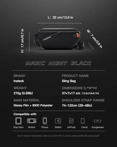 Inateck Sling Bag X-Lite, 4L Light Spacious Crossbody Shoulder Chest Bag with Quick-adjust Strap, Water-resistant Waist Fanny Pack for Men, Women, Travel, Cycling, Hiking, Work, Sports, Black - Image 2