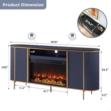 OKD Luxury 70" Fluted Fireplace TV Stand, Modern Chic Entertainment Center for TVs Up to 80 inches, TV Console with Faux Marble Top, Curved Profile Design, Media Console for Living Room, Navy Blue - Image 2