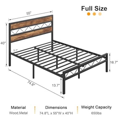 VECELO Full Size Bed Frame with Headboard, Heavy-Duty Platform Bedframe with Metal Slats Support, No Box Spring Needed, Easy Assembly, Black & Brown - Image 2
