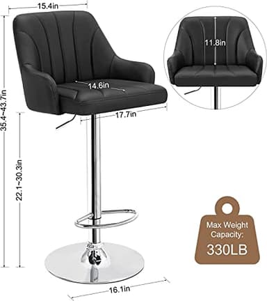 VECELO Barstools Set of 4, Counter Height Bar Stools Adjustable Stools with Back and Arm, Kitchen Island Stools Swivel Bar Chairs for Pub Dinning Room, Black - Image 3