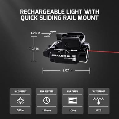 OLIGHT Baldr RL Mini 600 Lumens Compact Rail Mounted Weaponlight with Red Beam and White LED Combo, Magnetic USB Rechargeable Tactical Flashlight with 1913 or GL Rail, Built-in Battery - Image 2