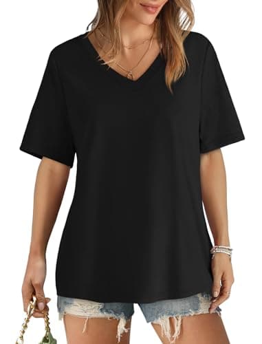Womens Summer Tops Loose Fit Casual V Neck T Shirts Short Sleeve Tshirts Plus Size Blouses Black XXL - Image 2