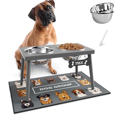 ADENGL Raised Dog Bowl Stand for Large Dogs, 10” Tall Elevated Feeder with Spill-Proof Mat, Stainless Steel 58OZ Bowls for Food & Water, Gray Color (Mat Size: 16x24”) - Image 1
