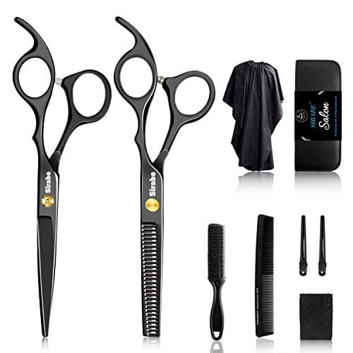 Sirabe 10 PCS Hair Cutting Scissors Set, Professional Haircut Scissors Kit with Cutting Scissors, Thinning Shears, Comb, Cape, Clips, Black Hairdressing Texturizing Shears Set for Barber, Salon, Home - Image 1