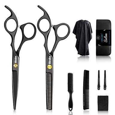 Sirabe 10 PCS Hair Cutting Scissors Set, Professional Haircut Scissors Kit with Cutting Scissors, Thinning Shears, Comb, Cape, Clips, Black Hairdressing Texturizing Shears Set for Barber, Salon, Home - Image 1