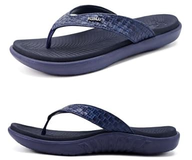 KuaiLu Flip Flops for Women Ladies Yoga Mat Comfortable Sport Walking Thong Sandal With Plantar Fasciitis Arch Support Slip-on Slides Indoor Outdoor For Summer Size 9 Dark Blue - Image 1