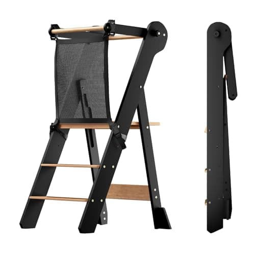 COSYLAND Foldable Toddler Standing Tower - Adjustable Height Folding Step Stool Kid Toddler Kitchen Stool Helper for Learning and Cooking - Ages 18 Months to 6 Years with safety Net Natural & Charcoal - Image 1