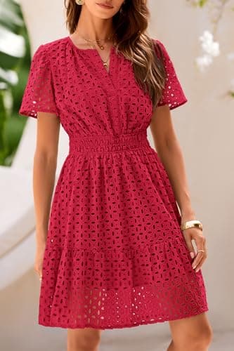 PRETTYGARDEN Womens 2025 Summer Short Dress V Neck Short Sleeve A Line Hollow Out Lace Ruffle Cute Casual Beach Party Dresses (Red,Large) - Image 5