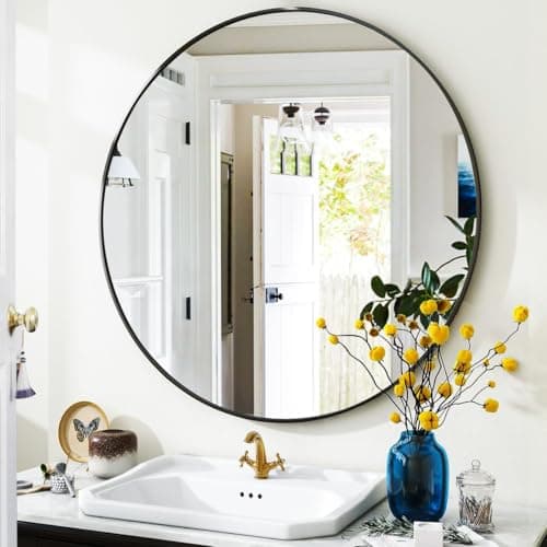 VooBang Black Round Bathroom Mirror, 24 inch Circle Wall Mounted Hanging Mirror with Simple Modern Circular Metal Frame for Hallway, Entryway, Living Room, Black Frame - Image 1