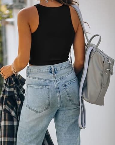 REORIA Women's Sexy Sleeveless High Neck Crop Tank Top Racerback Double Lined Cute Basic Cropped Tops 2025 Going Out Shirts Black Large - Image 3