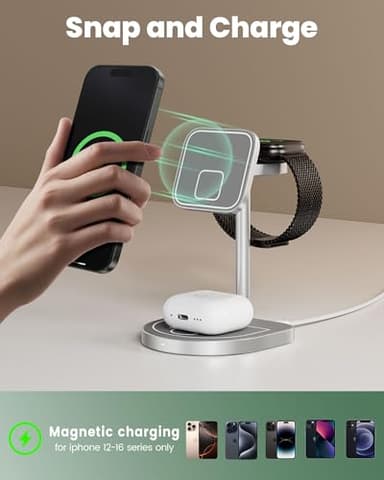 3-Point Power 3 in 1 Charging Station for Apple, KU XIU X85 Aluminum Alloy Magnetic Wireless Charger Stand with Mini Basketball & Hoop for iPhone 16/15/14/13/12, 5W for Apple Watch, AirPods, Gray - Image 5