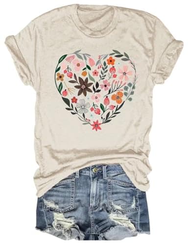 Women's Vintage Flowers Shirt Casual Boho Floral Printed T-Shirt Sunflower Wildflowers Graphic Tees Tops for Girl(38-Beige,XXL)