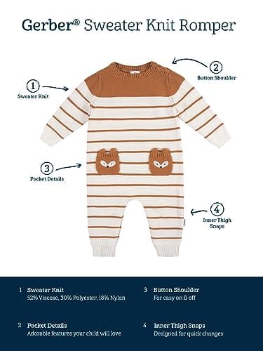 Gerber Baby Boys' Sweater Knit Romper Jumpsuit, Brown Fox, 18 Months - Image 6