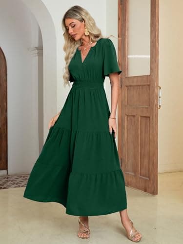 Amegoya Women's Short Sleeve Semi Formal Maxi Dresses Elegant Empire Waist Long Flowy Dress Modest Winter Wedding Guest Dress (Emerald Green M) - Image 2