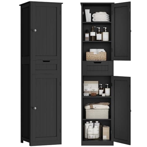 TEENFON 67" H Tall Storage Cabinet with 2 Doors and 1 Drawer, Narrow Black Cabinet with Adjustable Shelves, for Bathroom, Living Room, Entryway, Kitchen, Black - Image 1