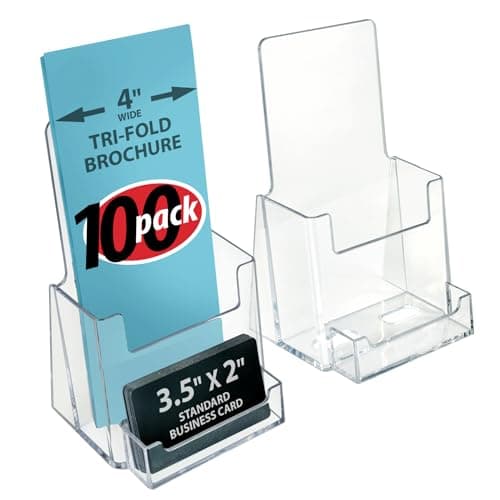 Azar Displays, 252922-100PK, Counter Trifold Brochure Holder with Horizontal Business Card Holder, Brochure Display Stand with Gift Card Pocket Flyer Holder Clear Card Display for Literature, 100-Pack - Image 1