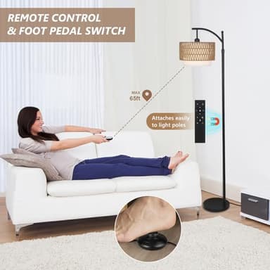 Arc Floor Lamp for Living Room with 3 Color Temperatures, Farmhouse Floor Lamps with Remote & Dimmable Bulb, Boho Standing Lamp with Rattan & Fabric Shades, Adjustable Tall Lamp for Bedroom, Office - Image 6