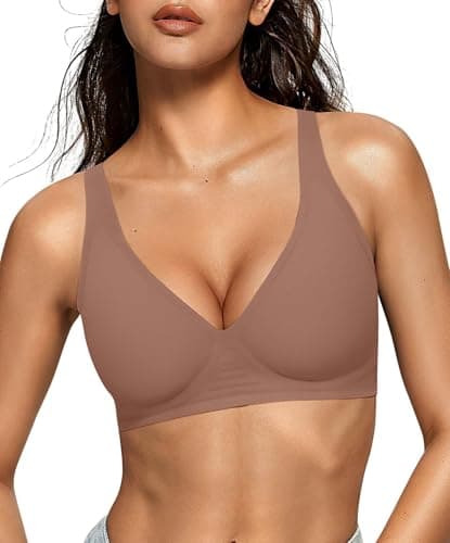 OEAK Womens Deep V Bras Wireless Comfortable Bra Supportive No Underwire Bras Tshirt Push Up Bralettes Plunge Seamless Bra Coffee M - Image 1