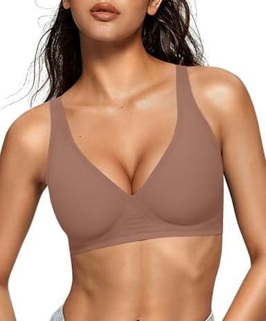 OEAK Womens Deep V Bras Wireless Comfortable Bra Supportive No Underwire Bras Tshirt Push Up Bralettes Plunge Seamless Bra Coffee M - Image 1