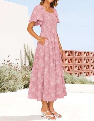ZESICA Women's Summer Boho Floral Midi Dresses 2025 Casual Short Sleeve Square Neck Flowy Beach Vacation Long Dress,Pink,X-Large - Image 4