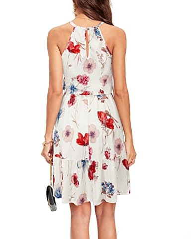 Newshows Women's 2025 Summer Dress Halter Casual Beach Vacation Outfits Hawaiian Dresses Ruffle Belted Sundress with Pockets(Floral-4, L) - Image 4