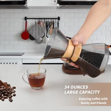 Mongdio 34oz/1000ml Pour Over Coffee Maker with Reusable Stainless Steel Filter and Wooden Collar Holder, 6-8 Cups Borosilicate Glass Coffee Maker for Camping Home, Gray - Image 2