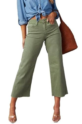 Allimy Women's High Waisted Straight Ankle Wide Leg Ripped Jeans Frayed Hem Stretchy Capri Denim Pants Olive Size 4 - Image 5