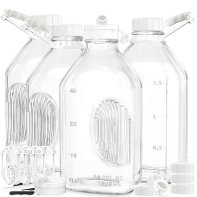 Syntic 4 Pack 2 Qt Glass Milk Bottles with Handle and Airtight Reusable Screw Lids, 1/2 Gal Glass Water & Juice Bottles with 2 Pour Spouts, 64 Oz Milk Jug Pitcher w Scale - Image 1