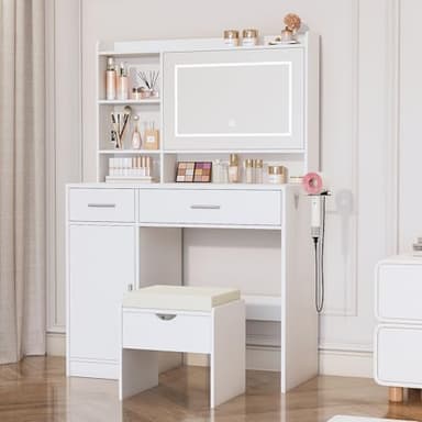 Viaozutis Vanity Desk with Mirror and Lights, with Hidden Shelves,4 Compartments,2 Drawers,Cabinet & Stool,Dimmable LED Lights,Power Outlets, Ideal for Bedroom Vanity Organization(White) - Image 3