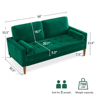 Vesgantti 56" Green Velvet Couch, Comfy Couch with Spring Cushions, Sturdy Wooden Small Sofa for Small Spaces, Modern 2 Seater Sofa with Tufted Seat, Living Room Loveseat - Image 3