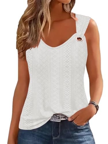 ETCYY Tank Tops for Women 2025 Trendy Summer V Neck Sleeveless T Shirts Spring Clothes Casual Loose Blouses,Lace White,Medium - Image 1