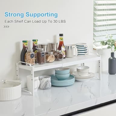 2 Pack Expandable Kitchen Cabinet Shelves Organizers, Stackable Adjustable Small Storage Shelf Rack Stand Riser for Pantry Cabinet Cupboard Kitchen Counter Organization, 22 lbs Capacity, Length:20.5" - Image 4