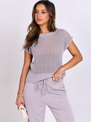 ANRABESS Women Two Piece Outfits Crochet Sheer Knit Sweater Top Wide Leg Pants Lounge Matching Sets Sweatsuit Travel Clothes Light Purple Small - Image 7