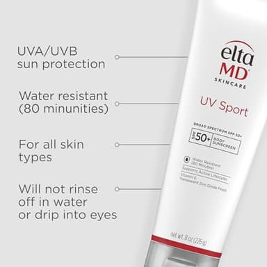 EltaMD UV Sport Sunscreen Lotion, SPF 50 Body Sunscreen, Water and Sweat Resistant, Oil-Free, Zinc Oxide Formula, 8 oz Tube - Image 2