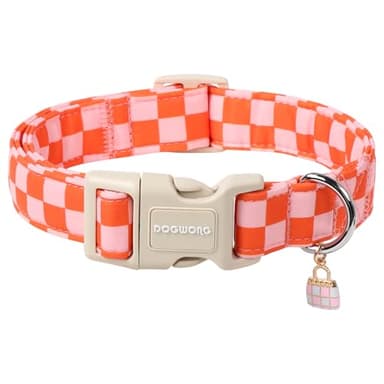 DOGWONG Pink Plaid Dog Collar, Pink Girl Dog Collars, Adjustable Cute Pet Collars Girl Design Dog Collar for Small Medium Large Dogs - Image 1